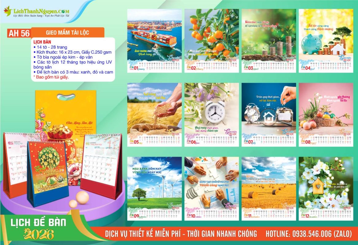 Lịch Để Bàn An Hảo 2026 - Nét Đẹp Bàn Làm Việc 4 Lịch Để Bàn A - AH56 - Gieo Mầm Tài Lộc