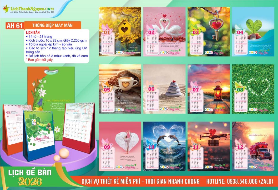 Lịch Để Bàn An Hảo 2026 - Nét Đẹp Bàn Làm Việc 5 Lịch Để Bàn A - AH61 - Thông Điệp May Mắn