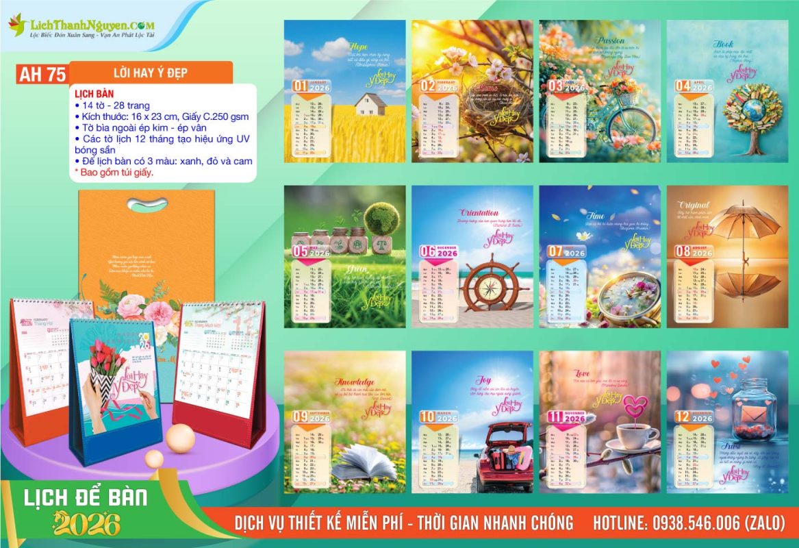 Lịch Để Bàn An Hảo 2026 - Nét Đẹp Bàn Làm Việc 7 Lịch Để Bàn A - AH75 - Lời Hay Ý Đẹp