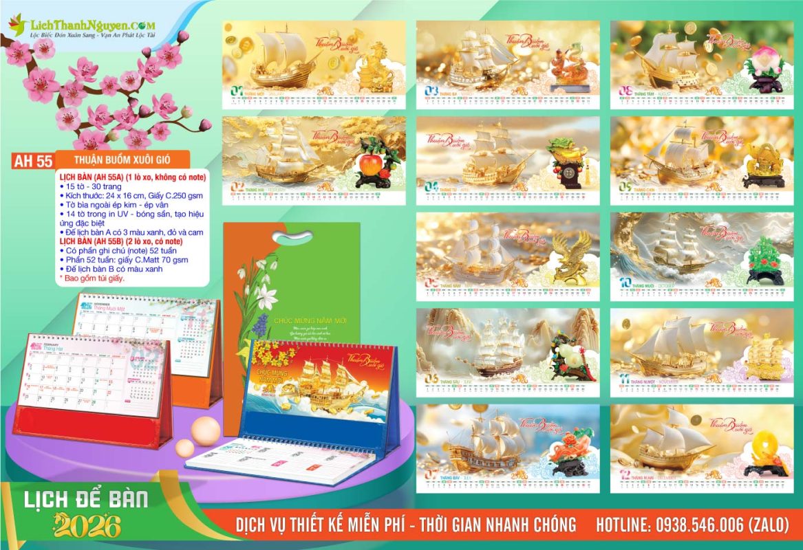 Lịch Để Bàn An Hảo 2026 - Nét Đẹp Bàn Làm Việc 9 Lịch Để Bàn A & M - AH55 - Thuận Buồm Xuôi Gió