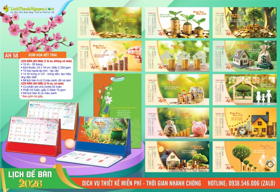Lịch Để Bàn An Hảo 2026 - Nét Đẹp Bàn Làm Việc 11 Lịch Để Bàn A & M - AH58 - Đơm Hoa Kết Trái