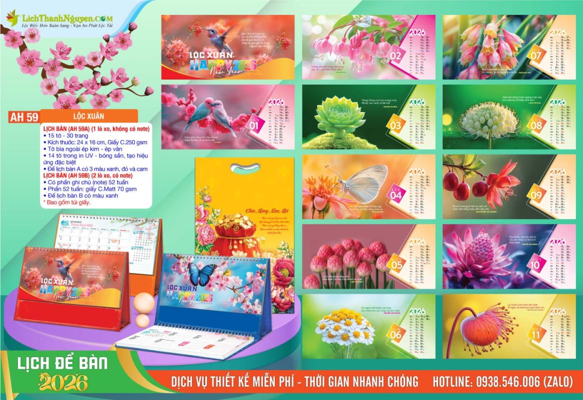 Lịch Để Bàn An Hảo 2026 - Nét Đẹp Bàn Làm Việc 12 Lịch Để Bàn A & M - AH59 - Lộc Xuân