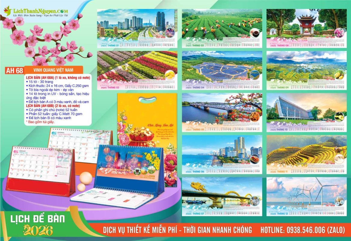 Lịch Để Bàn An Hảo 2026 - Nét Đẹp Bàn Làm Việc 19 Lịch Để Bàn A & M - AH68 - Vinh Quang Việt Nam