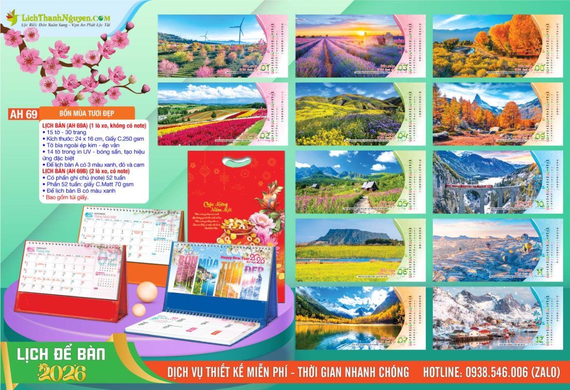 Lịch Để Bàn An Hảo 2026 - Nét Đẹp Bàn Làm Việc 20 Lịch Để Bàn A & M - AH69 - Bốn Mùa Tươi Đẹp