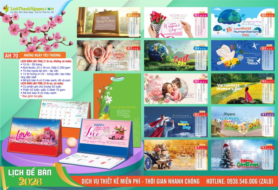 Lịch Để Bàn An Hảo 2026 - Nét Đẹp Bàn Làm Việc 21 Lịch Để Bàn A & M - AH70 - Những Ngày Yêu Thương