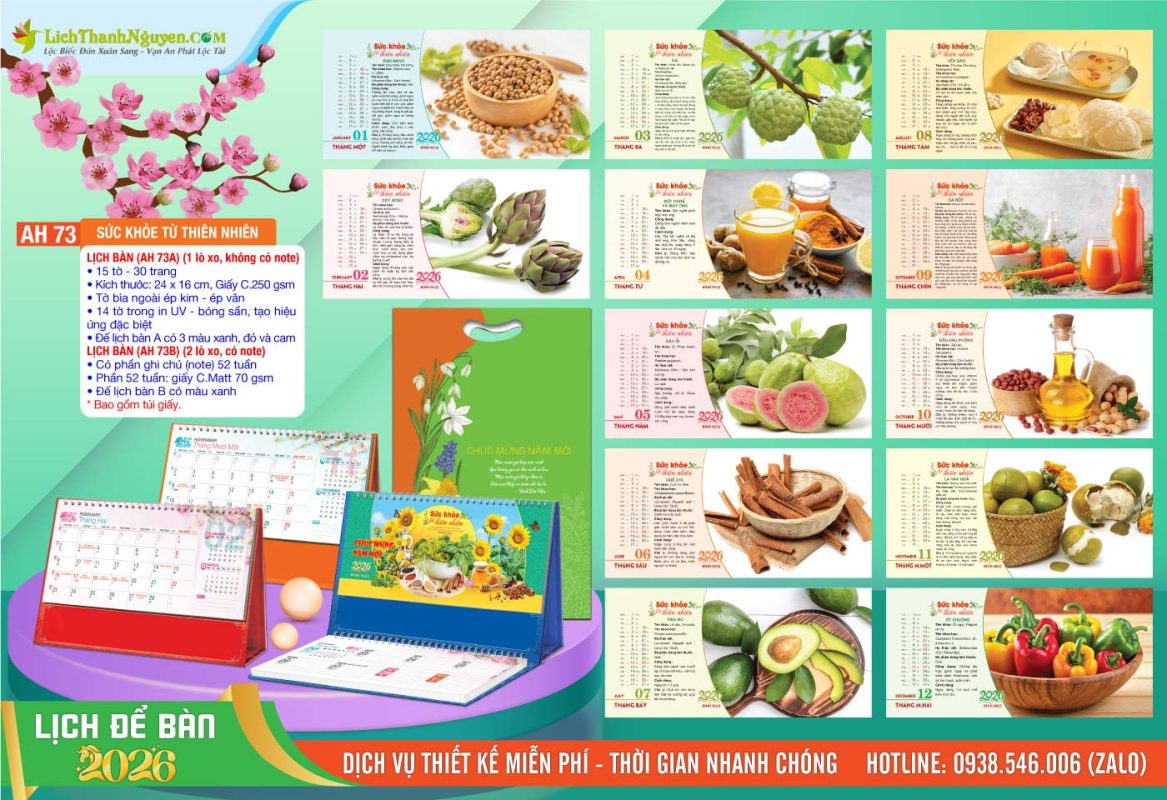 Lịch Để Bàn An Hảo 2026 - Nét Đẹp Bàn Làm Việc 24 Lịch Để Bàn A & M - AH73 - Sức Khỏe Từ Thiên Nhiên