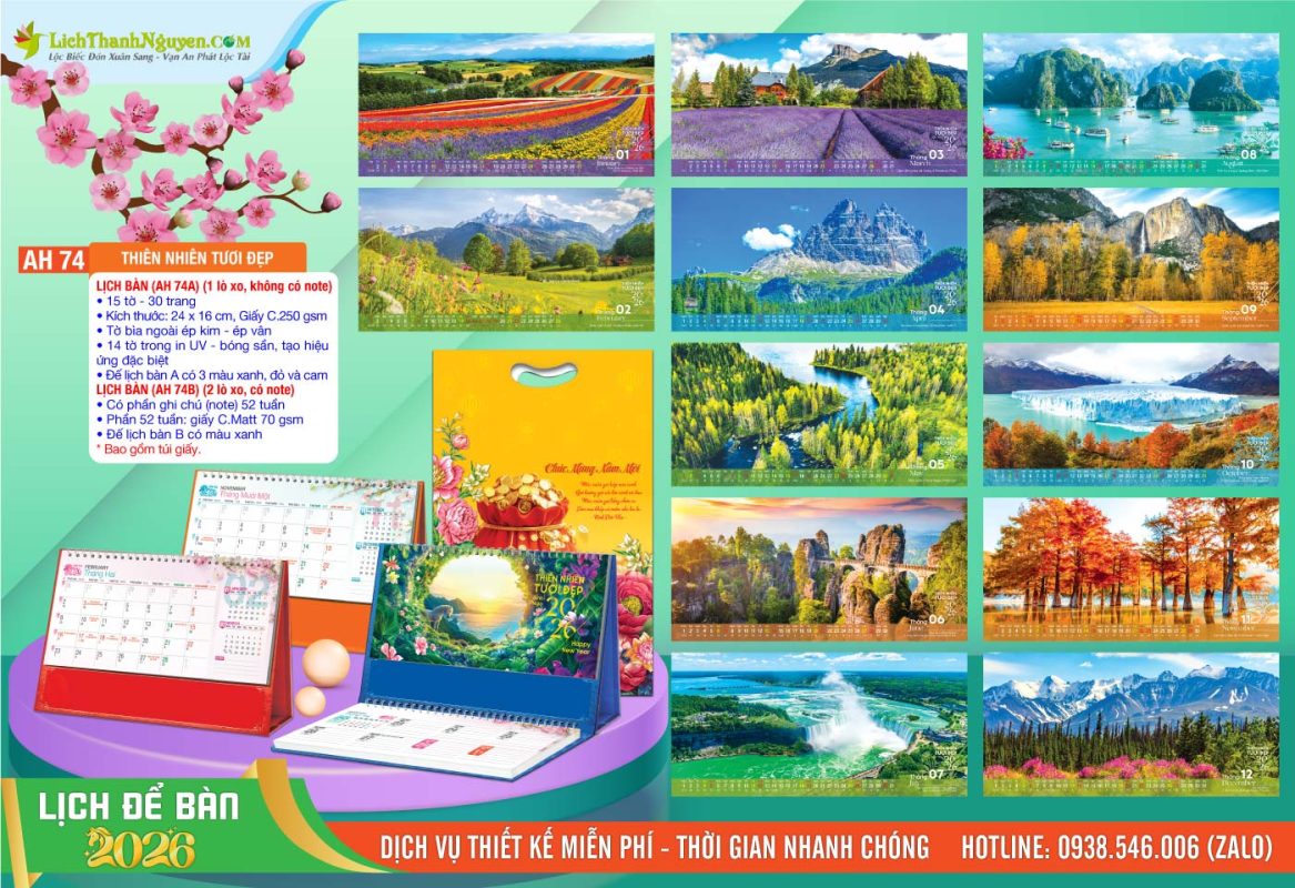 Lịch Để Bàn An Hảo 2026 - Nét Đẹp Bàn Làm Việc 25 Lịch Để Bàn A & M - AH74 - Thiên Nhiên Tươi Đẹp
