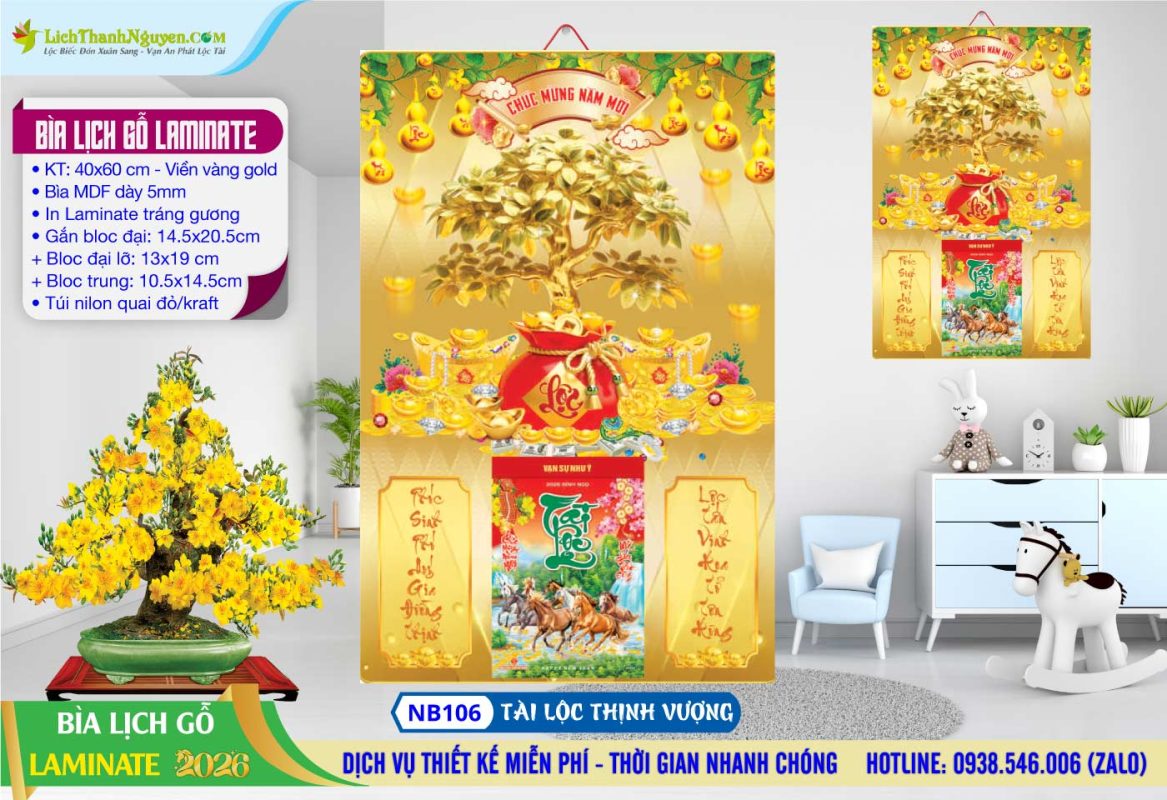 Bìa Lịch Gỗ (40x60) Laminate, Bìa Lịch Gỗ Tráng Gương 22 Bìa Lịch Gỗ Laminate - NB106 - Tài Lộc Thịnh Vượng