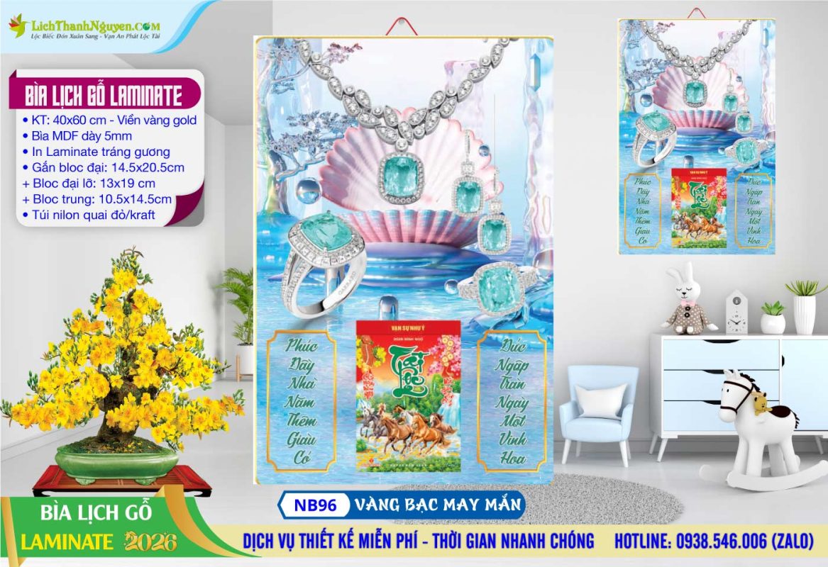 Bìa Lịch Gỗ (40x60) Laminate, Bìa Lịch Gỗ Tráng Gương 12 Bìa Lịch Gỗ Laminate - NB96 - Vàng Bạc May Mắn