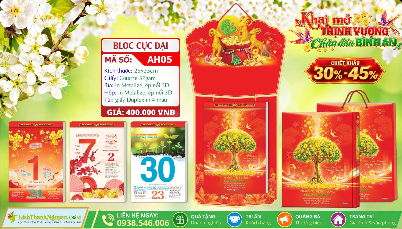 Lịch Bloc Cực Đại (25x35) Trọn Bộ 2027 - Chiết Khấu Lên Đến 45% 4 MS: AH05 - Khai Mở Thịnh Vượng Chào Đón Bình An