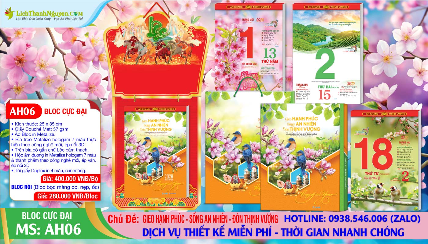 Lịch Bloc Siêu Đại (25x35) Trọn Bộ 2026 5 Bloc Cực Đại - AH06 - Gieo Hạnh Phúc Sống An Nhiên Đón Thịnh Vượng