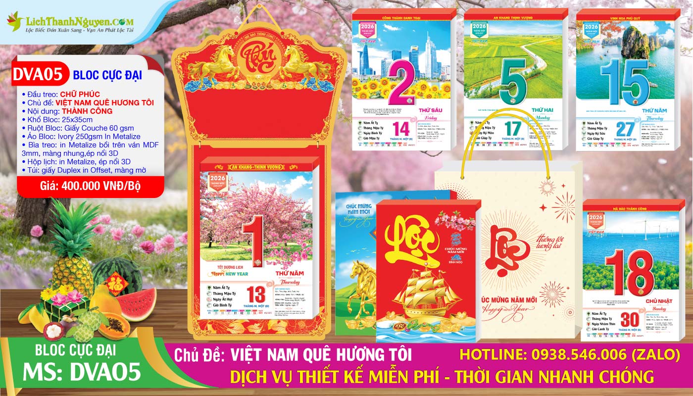 Lịch Bloc Siêu Đại (25x35) Trọn Bộ 2026 6 Bloc Cực Đại - DVA05 - Việt Nam Quê Hương Tôi - Đầu Treo Chữ Phúc