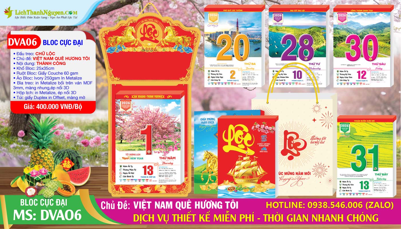 Lịch Bloc Siêu Đại (25x35) Trọn Bộ 2026 7 Bloc Cực Đại - DVA06 - Việt Nam Quê Hương Tôi - Đầu Treo Chữ Lộc