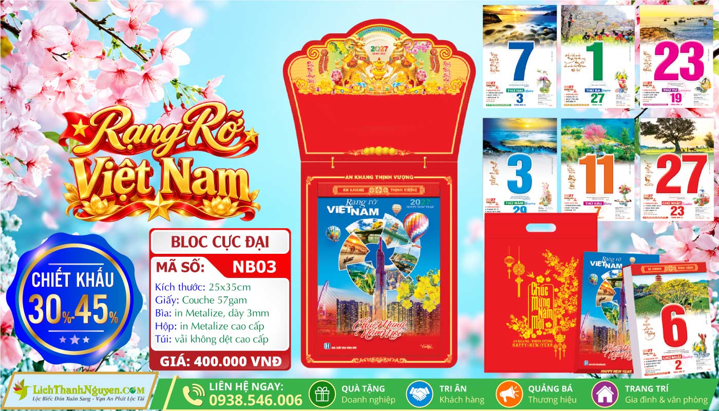 Lịch Bloc Cực Đại (25x35) Trọn Bộ 2027 - Chiết Khấu Lên Đến 45% 14 MS: NB03 - Rạng Rỡ Việt Nam