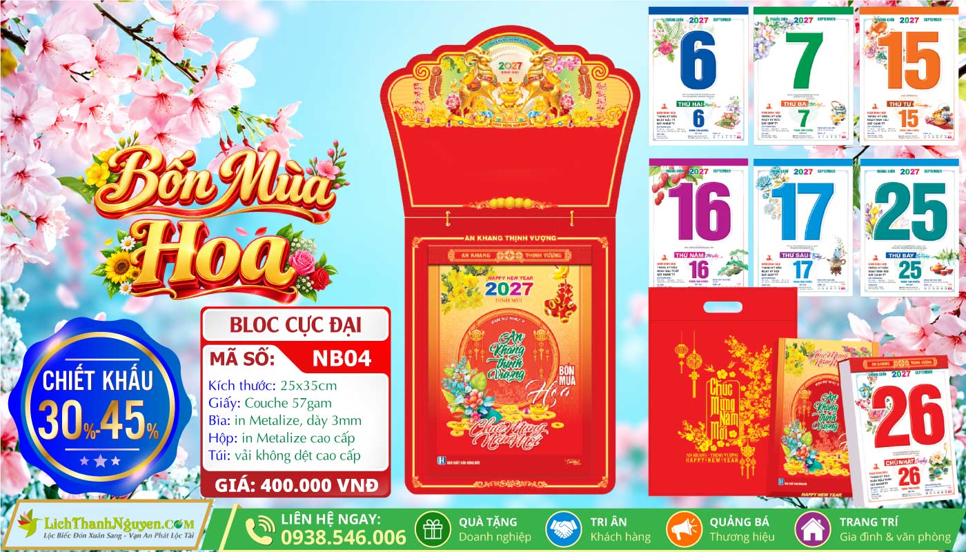 Lịch Bloc Cực Đại (25x35) Trọn Bộ 2027 - Chiết Khấu Lên Đến 45% 15 MS: NB04 - Bốn Mùa Hoa