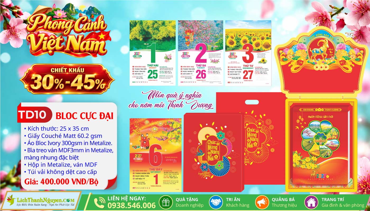 Lịch Bloc Cực Đại (25x35) Trọn Bộ 2027 - Chiết Khấu Lên Đến 45% 16 MS: TD10 - Phong Cảnh Việt Nam (Đầu Treo Dê Vàng)