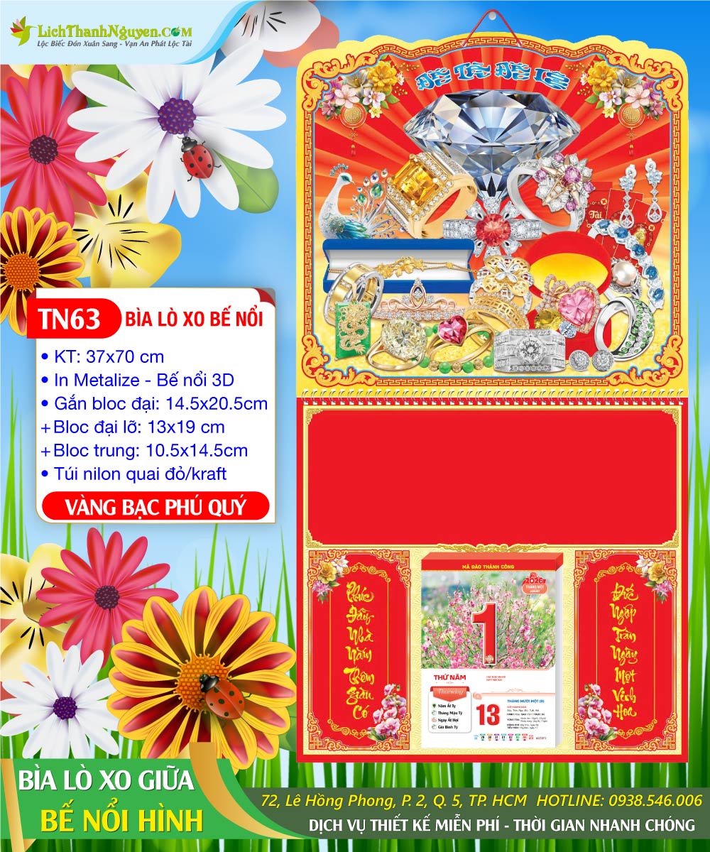 Mã Số: TN63 - Bìa Lò Xo (37x70) Bế Nổi - Vàng Bạc Phú Quý 7 Bìa Lò Xo Giữa Bế Nổi Vàng Bạc Phú Quý