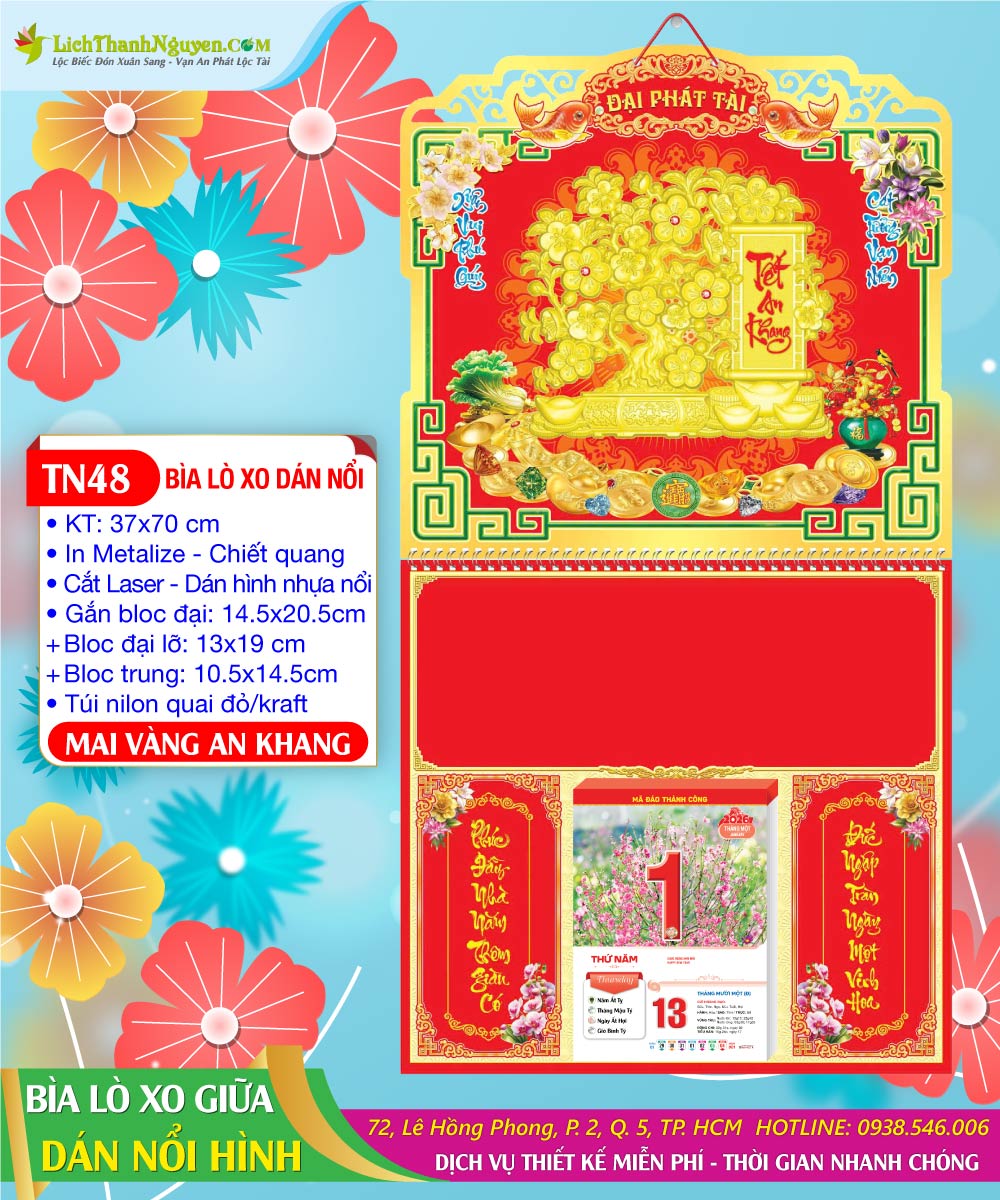 Mã Số: TN48 - Bìa Lò Xo (37x70) Dán Nổi - Mai Vàng An Khang 7 Bìa Lò Xo Giữa Dán Nổi Mai Vàng An Khang